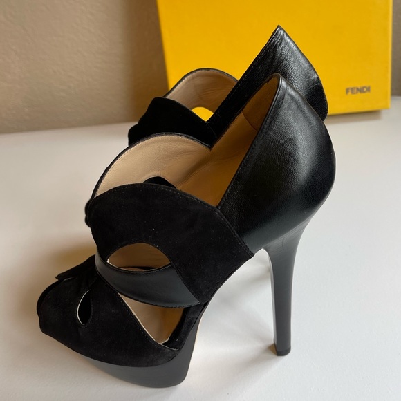 FENDI | SUEDE & LEATHER PLATFORM HEEL PEEP TOE SHOE SANDAL - NIB - Picture 9 of 13